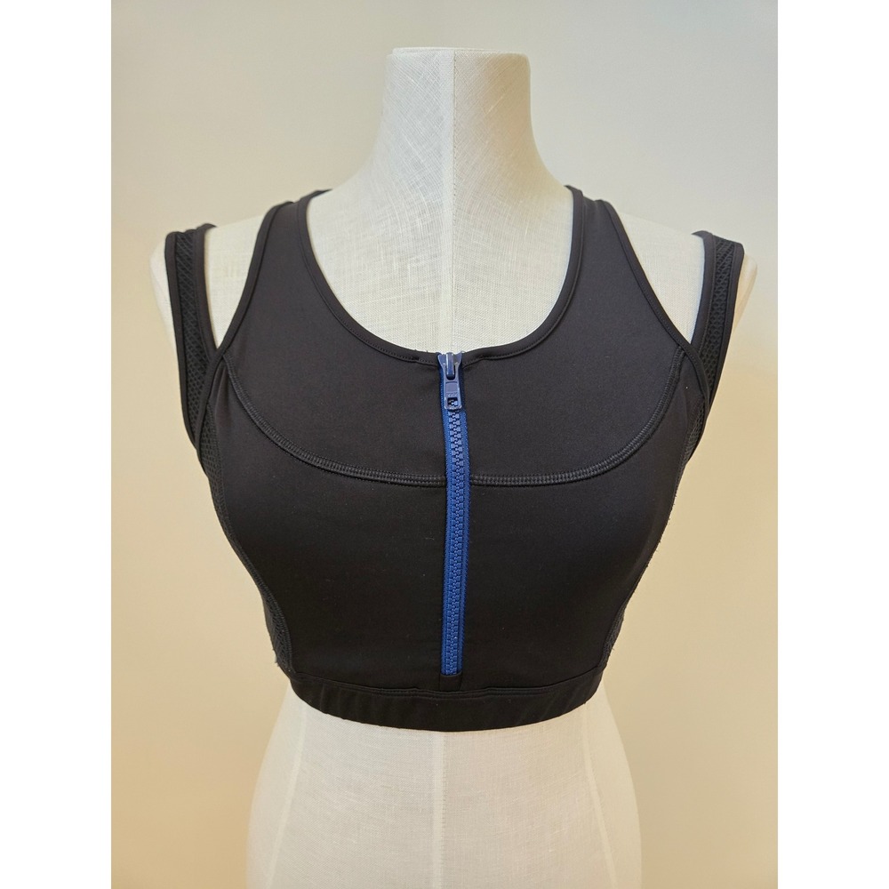 Lacoste Sport Womens Medium‎ Black Zip Front Racerback Sports Bra Mesh Panel